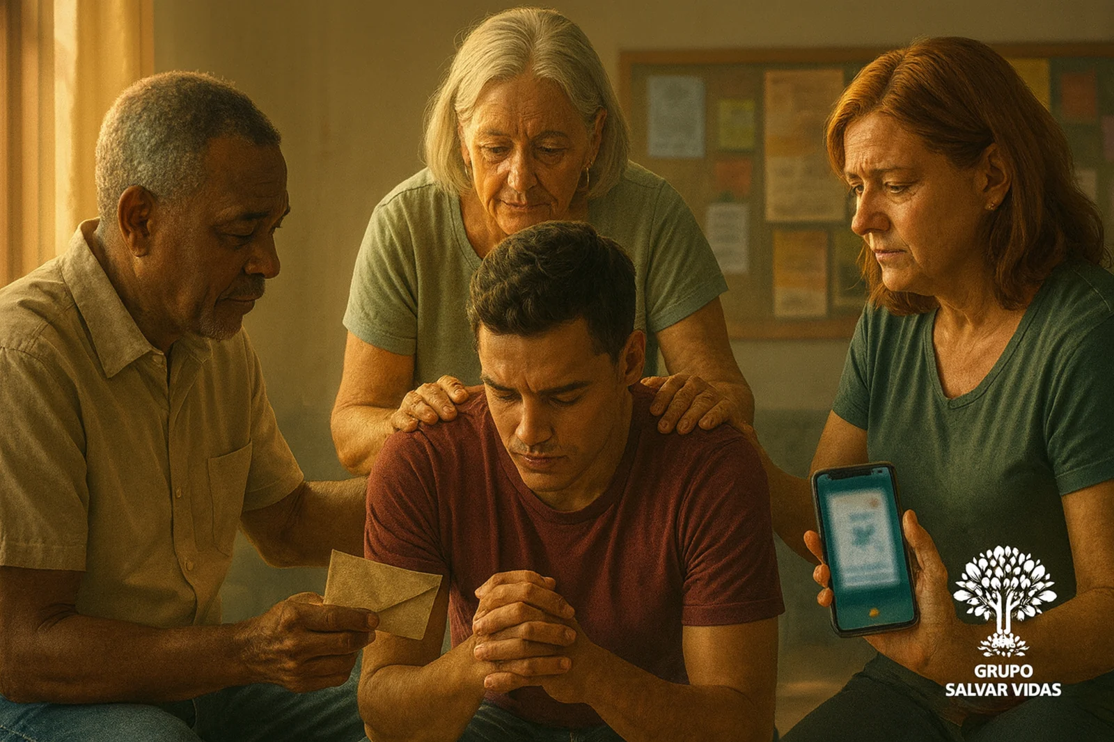 Família acolhendo um homem em momento de sofrimento emocional