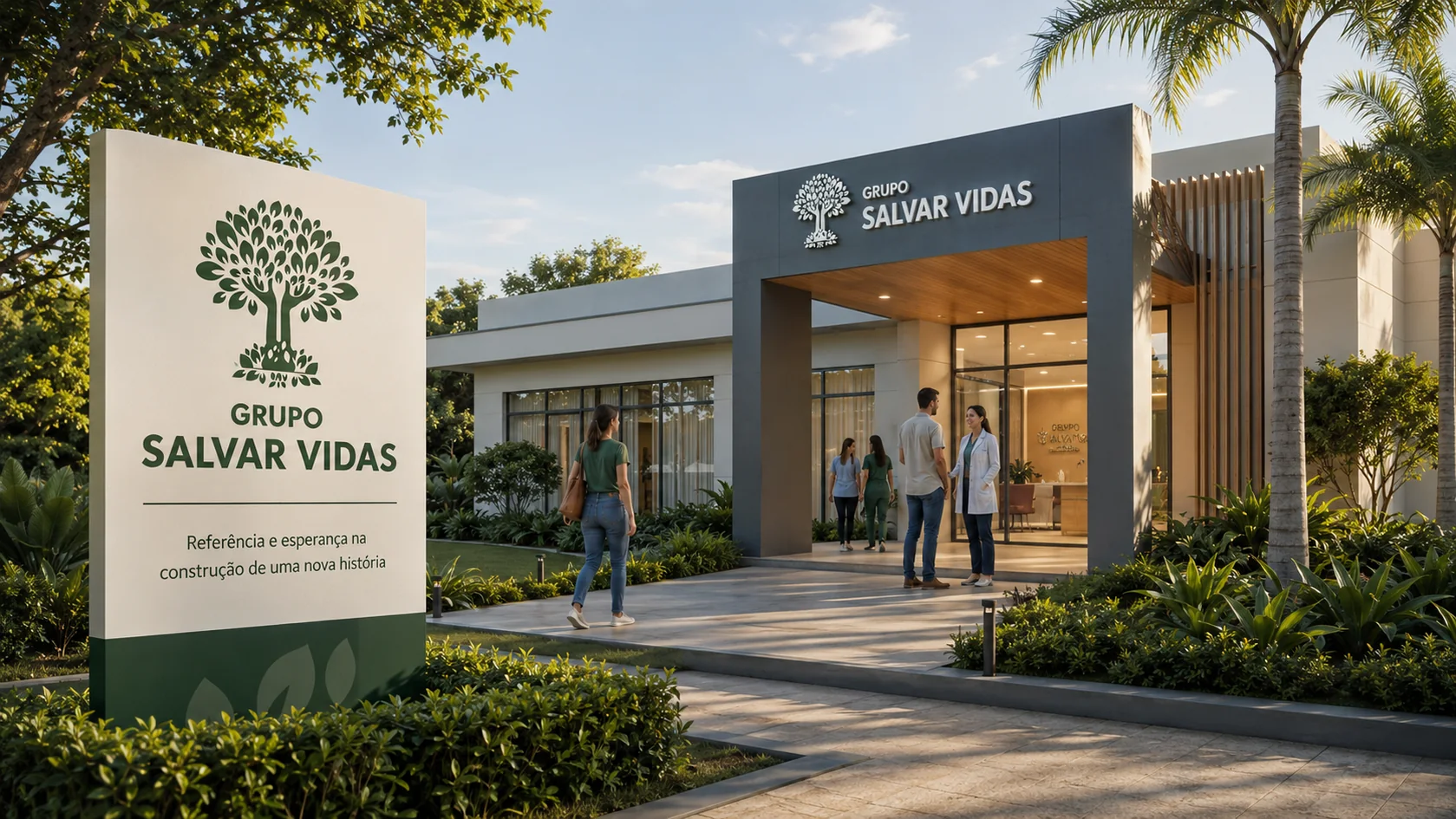 Entrada moderna do grupo salvar vidas: imagem institucional do Grupo Salvar Vidas sobre acolhimento e esperança, acolhimento, saúde mental e tratamento humanizado.