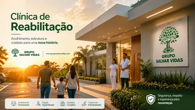 Entrada acolhedora da clínica de reabilitação: imagem institucional do Grupo Salvar Vidas sobre clínica de reabilitação, acolhimento, saúde mental e tratamento humanizado.