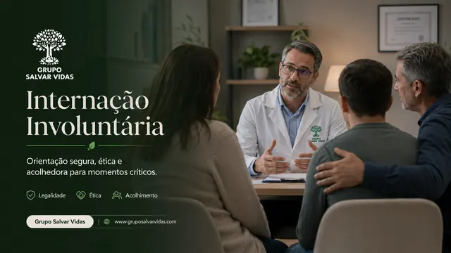 Orientação ética e acolhedora para crise: imagem institucional do Grupo Salvar Vidas sobre internação involuntária, acolhimento, saúde mental e tratamento humanizado.