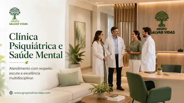 Clínica de saúde mental moderna e acolhedora: imagem institucional do Grupo Salvar Vidas sobre saúde mental, acolhimento, saúde mental e tratamento humanizado.