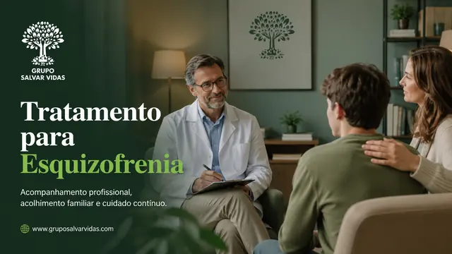 Tratamento profissional e acolhimento familiar: imagem institucional do Grupo Salvar Vidas sobre esquizofrenia, acolhimento, saúde mental e tratamento humanizado.
