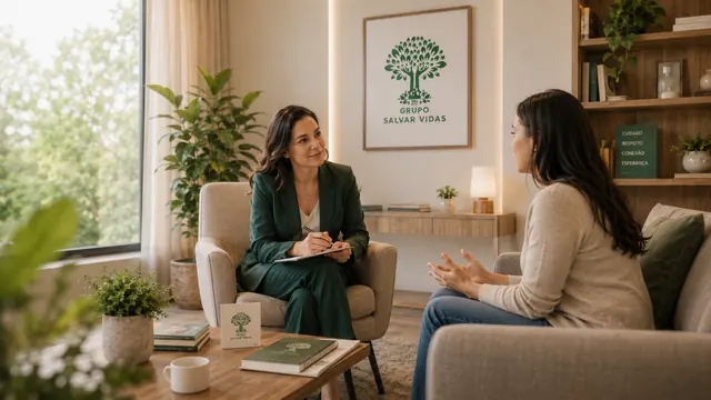 Sala de terapia acolhedora e tranquila: imagem institucional do Grupo Salvar Vidas sobre acolhimento e esperança, acolhimento, saúde mental e tratamento humanizado.