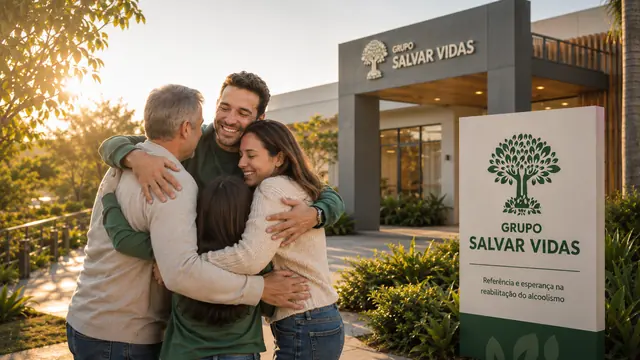 Abraço caloroso em frente ao centro: imagem institucional do Grupo Salvar Vidas sobre acolhimento e esperança, acolhimento, saúde mental e tratamento humanizado.