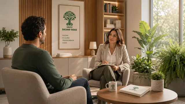 Espaço acolhedor de terapia e escuta: imagem institucional do Grupo Salvar Vidas sobre acolhimento e esperança, acolhimento, saúde mental e tratamento humanizado.