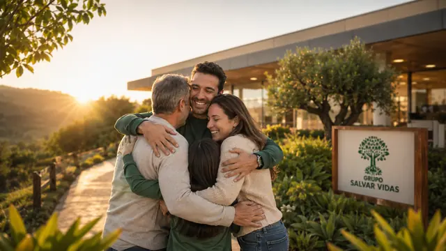 Abraço familiar ao entardecer dourado: imagem institucional do Grupo Salvar Vidas sobre acolhimento e esperança, acolhimento, saúde mental e tratamento humanizado.