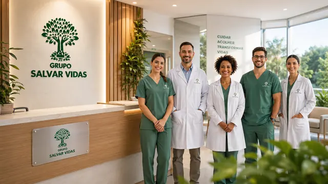 Recepção moderna de saúde e cuidado: imagem institucional do Grupo Salvar Vidas sobre acolhimento e esperança, acolhimento, saúde mental e tratamento humanizado.
