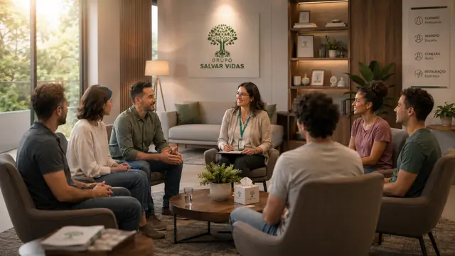 Reunião de grupo em ambiente acolhedor: imagem institucional do Grupo Salvar Vidas sobre acolhimento e esperança, acolhimento, saúde mental e tratamento humanizado.