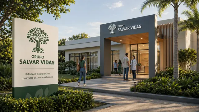 Entrada moderna do grupo salvar vidas: imagem institucional do Grupo Salvar Vidas sobre acolhimento e esperança, acolhimento, saúde mental e tratamento humanizado.