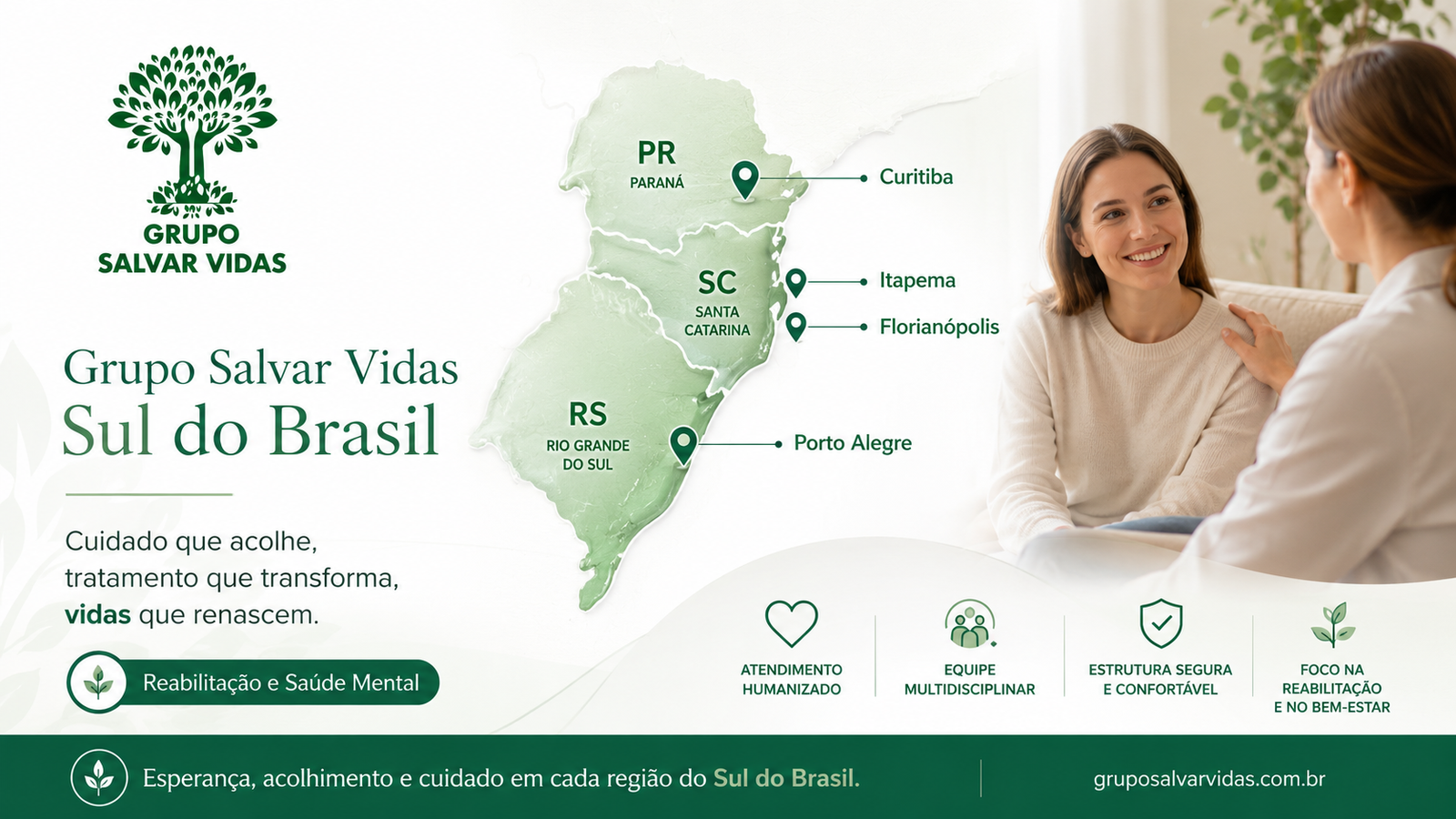 Mapa Sul do Brasil com Grupo Salvar Vidas, Paraná, Santa Catarina e Rio Grande do Sul